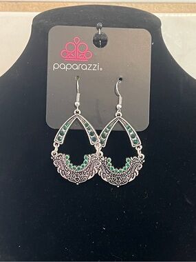 Paparazzi Silver-Tone Emerald Accent Filigree Dangle Earrings